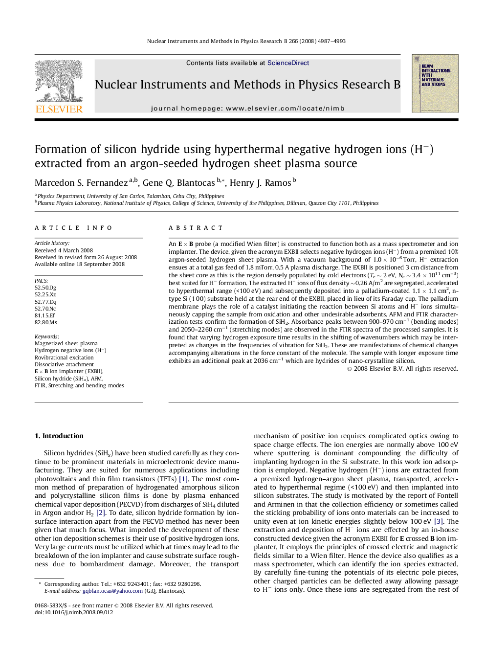 Formation of silicon hydride using hyperthermal negative hydrogen ions (H−) extracted from an argon-seeded hydrogen sheet plasma source