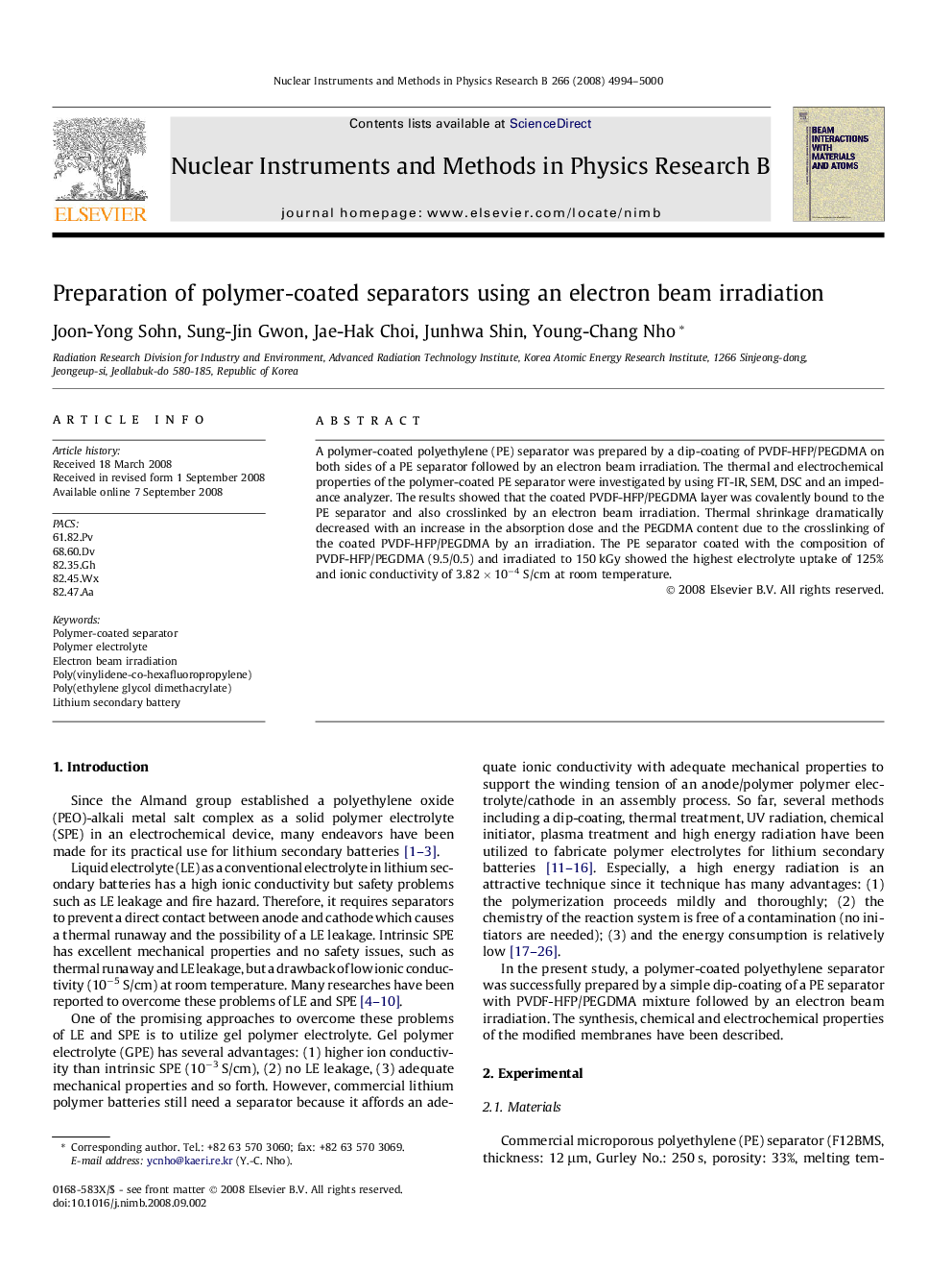 Preparation of polymer-coated separators using an electron beam irradiation