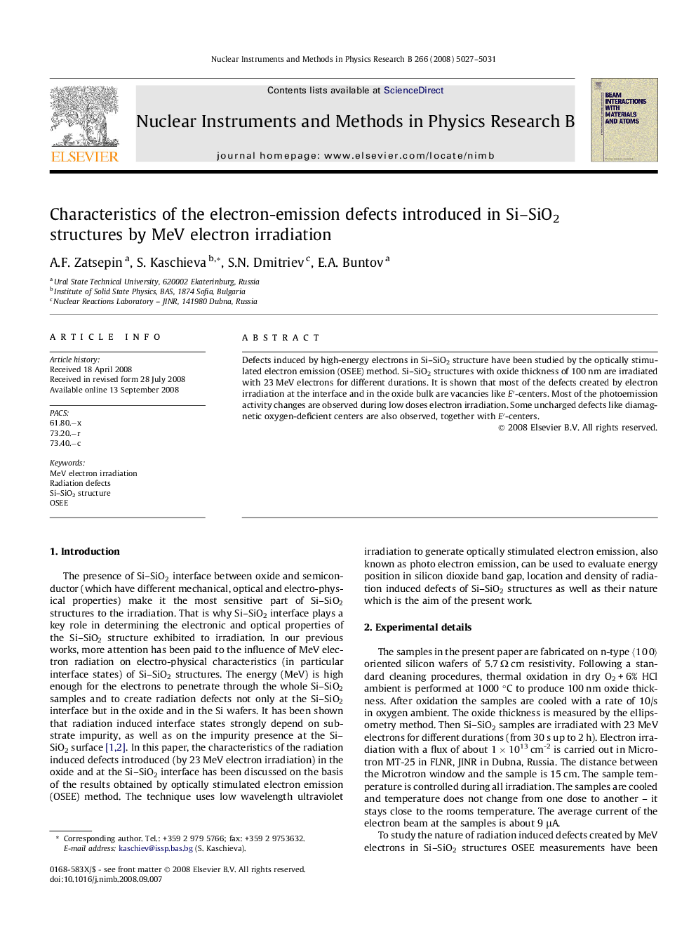 عکس صفحه اول مقاله: Characteristics of the electron-emission defects introduced in Si–SiO2 structures by MeV electron irradiation Characteristics of the electron-emission defects introduced in Si–SiO2 structures by MeV electron irradiation