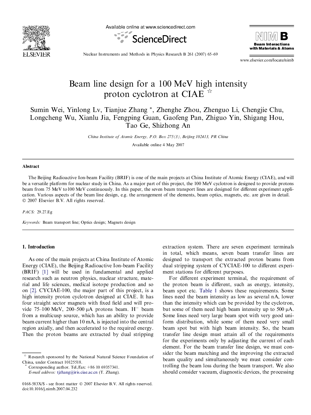 عکس صفحه اول مقاله: Beam line design for a 100 MeV high intensity proton cyclotron at CIAE Beam line design for a 100 MeV high intensity proton cyclotron at CIAE