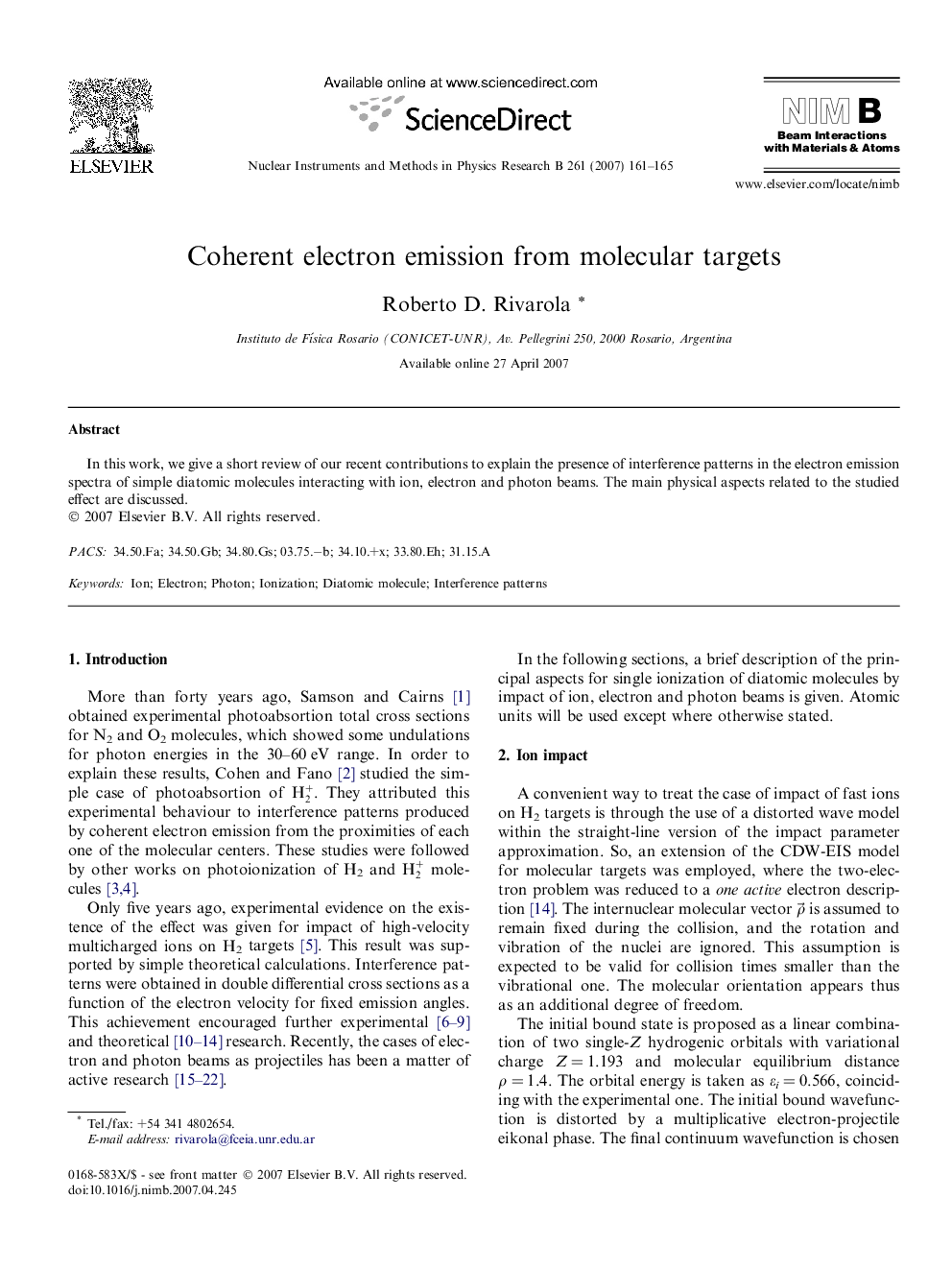عکس صفحه اول مقاله: Coherent electron emission from molecular targets Coherent electron emission from molecular targets