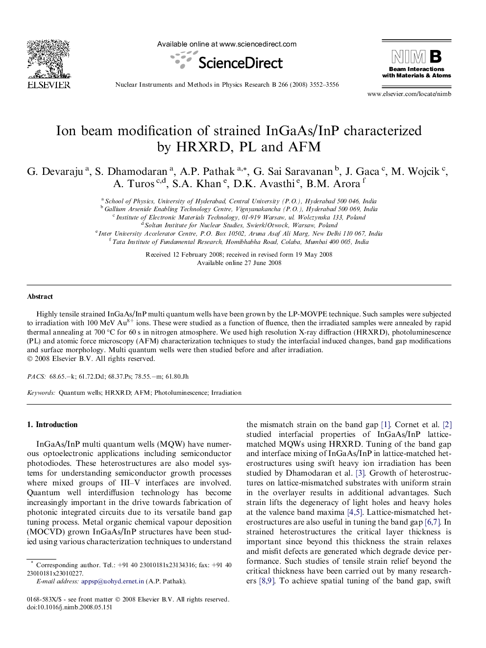 Ion beam modification of strained InGaAs/InP characterized by HRXRD, PL and AFM