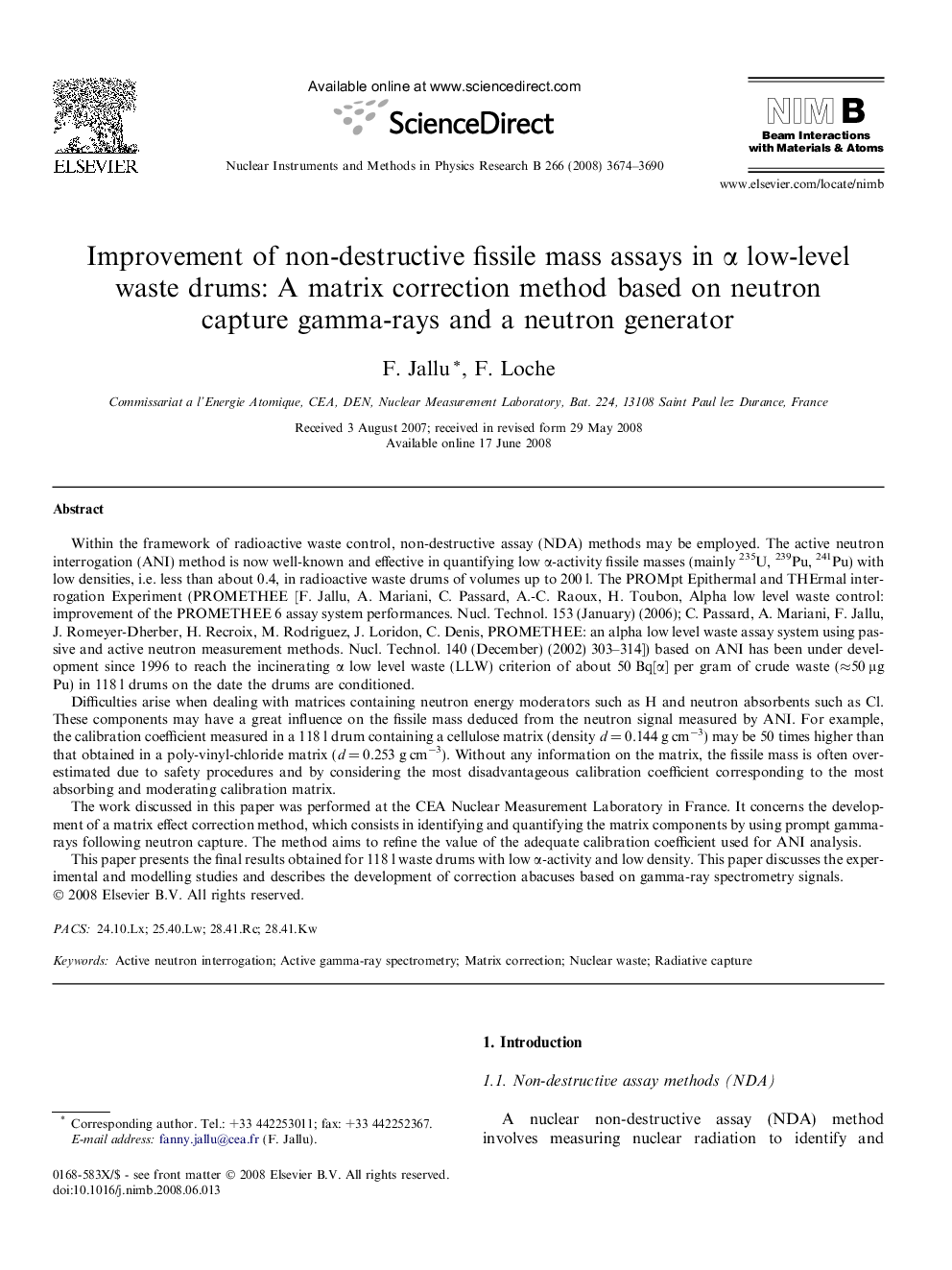 Improvement of non-destructive fissile mass assays in Î± low-level waste drums: A matrix correction method based on neutron capture gamma-rays and a neutron generator