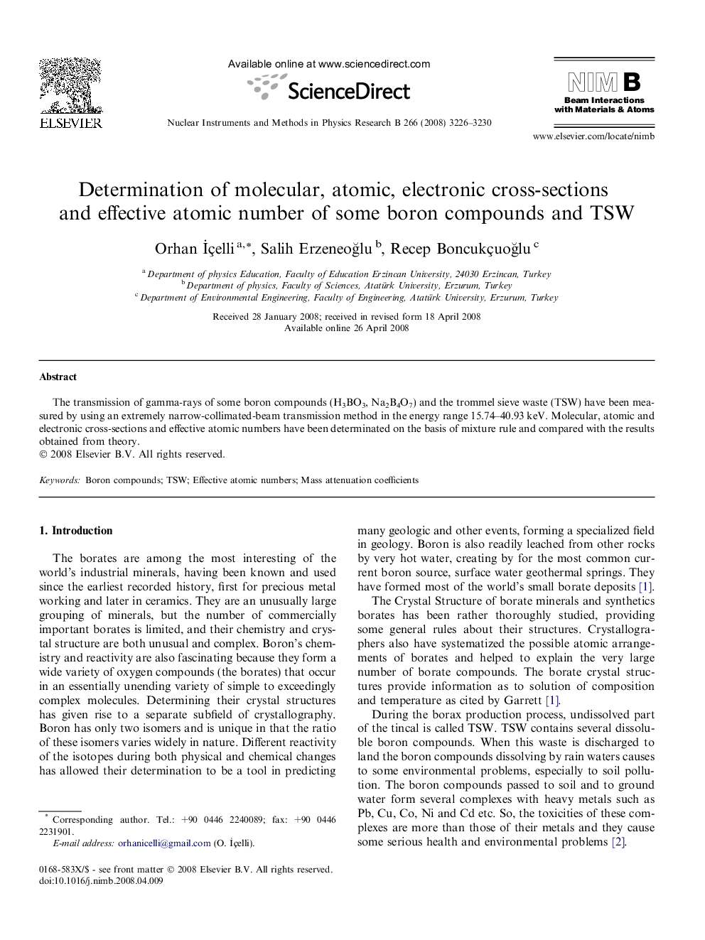 Determination of molecular, atomic, electronic cross-sections and effective atomic number of some boron compounds and TSW
