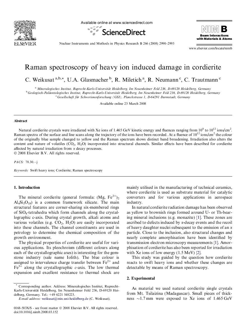 Raman spectroscopy of heavy ion induced damage in cordierite