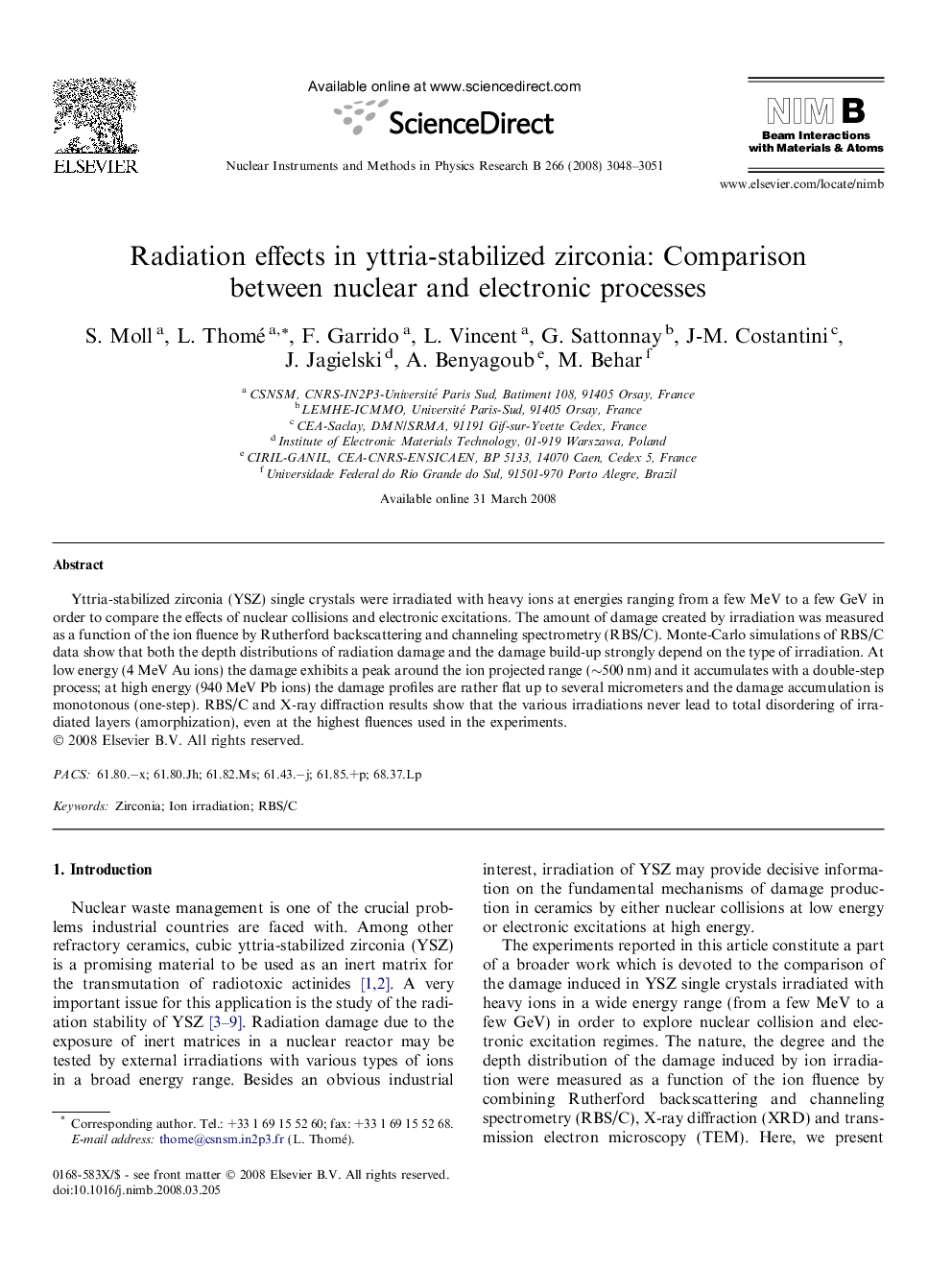 Radiation effects in yttria-stabilized zirconia: Comparison between nuclear and electronic processes