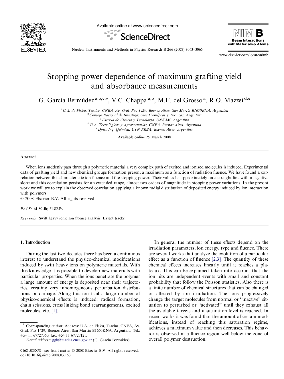 Stopping power dependence of maximum grafting yield and absorbance measurements