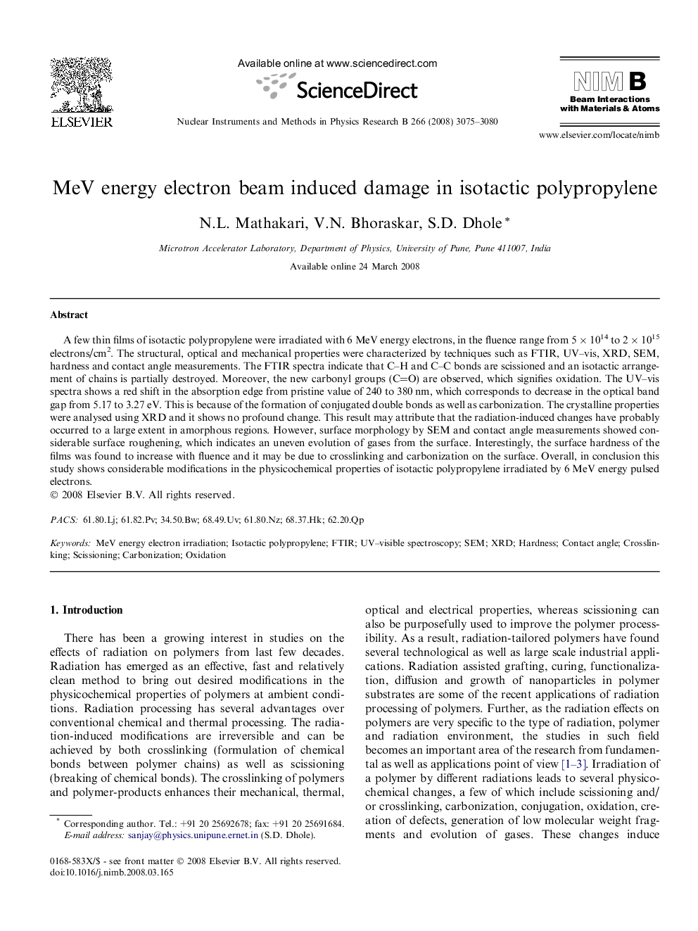 MeV energy electron beam induced damage in isotactic polypropylene