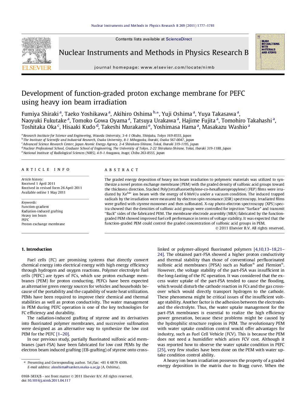 Development of function-graded proton exchange membrane for PEFC using heavy ion beam irradiation