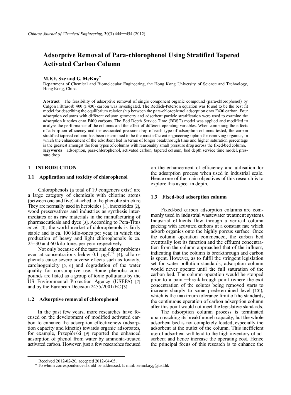 Adsorptive Removal of Para-chlorophenol Using Stratified Tapered Activated Carbon Column