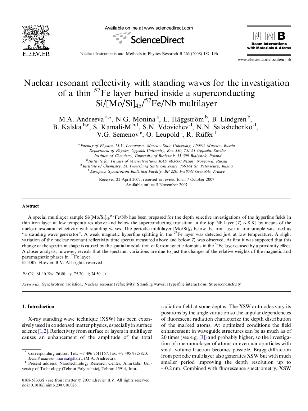 Nuclear resonant reflectivity with standing waves for the investigation of a thin 57Fe layer buried inside a superconducting Si/[Mo/Si]45/57Fe/Nb multilayer
