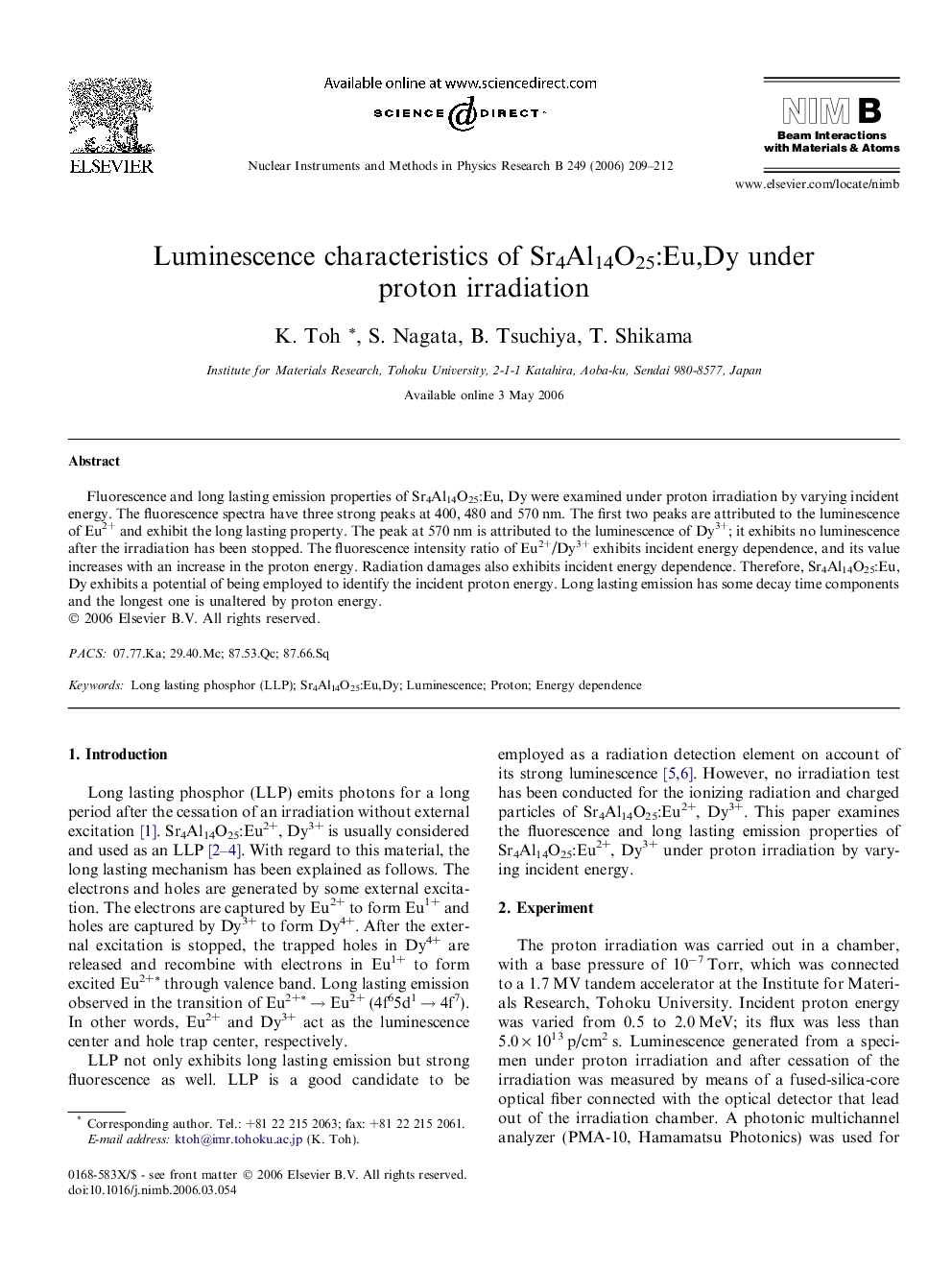 Luminescence characteristics of Sr4Al14O25:Eu,Dy under proton irradiation