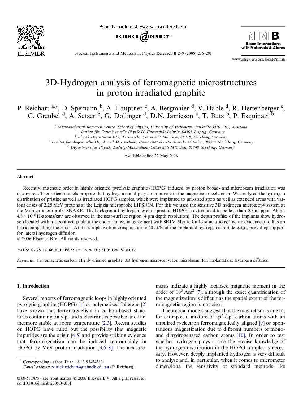 3D-Hydrogen analysis of ferromagnetic microstructures in proton irradiated graphite