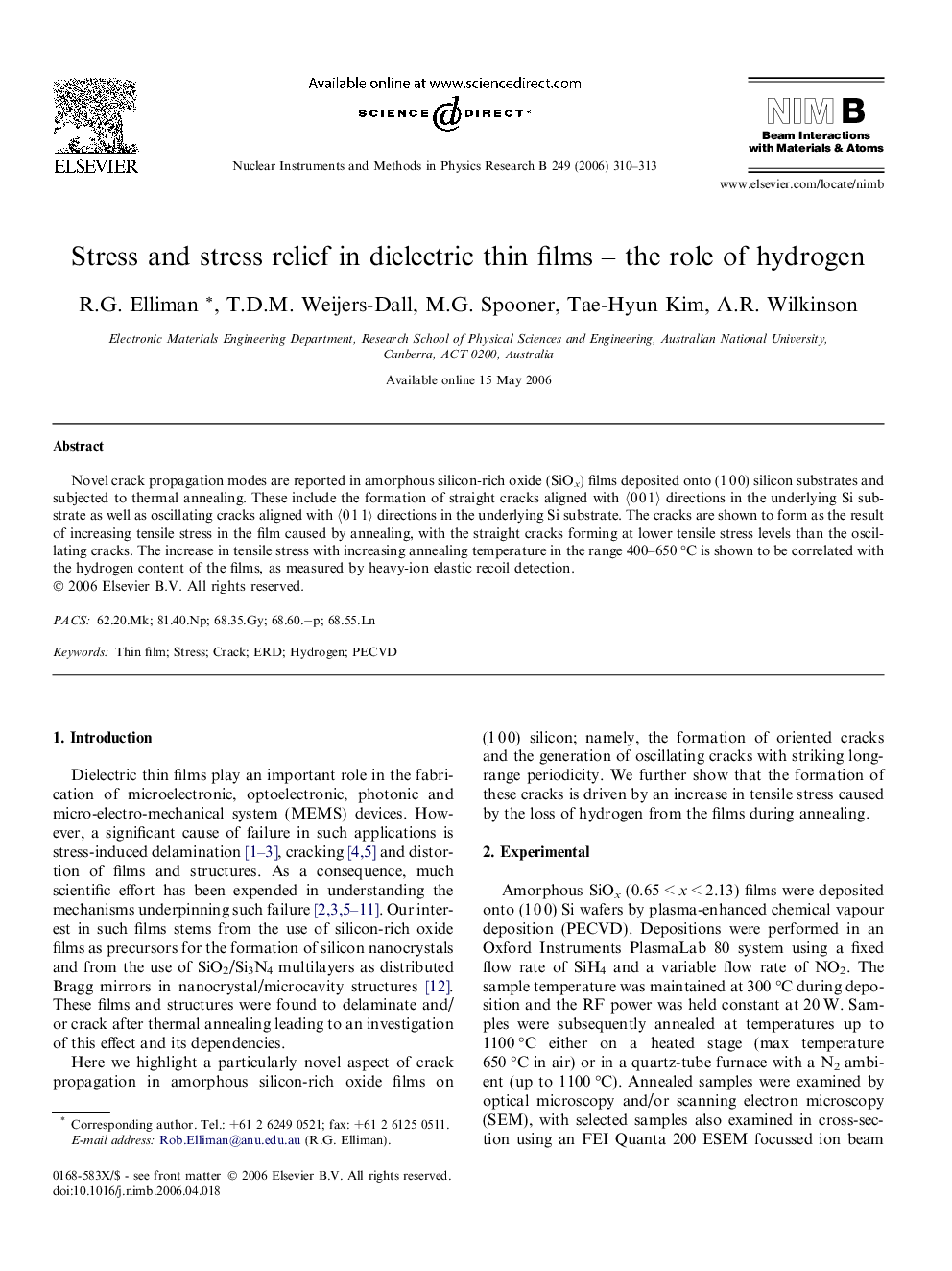 Stress and stress relief in dielectric thin films - the role of hydrogen