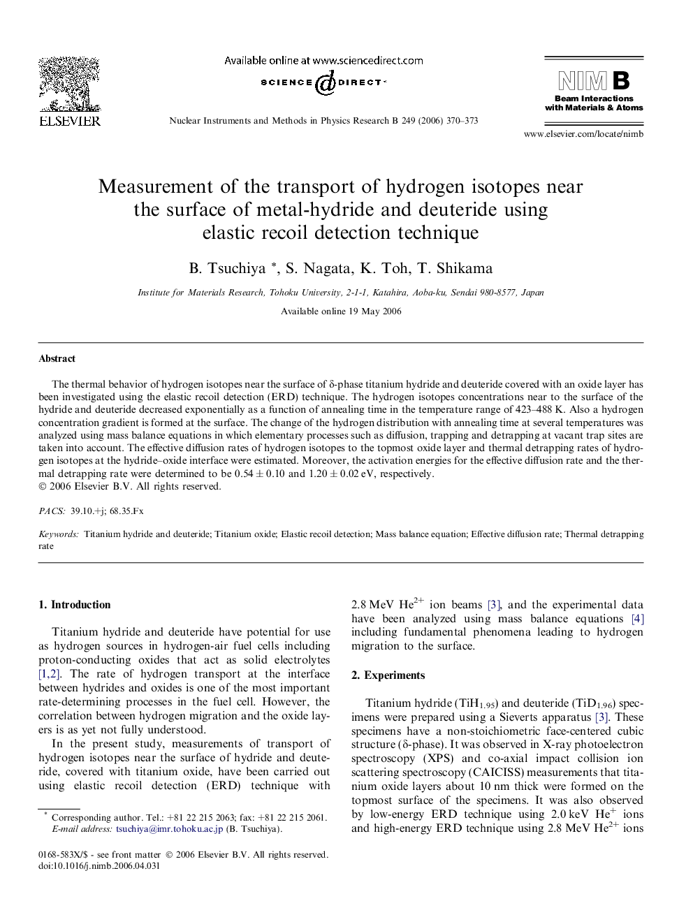 Measurement of the transport of hydrogen isotopes near the surface of metal-hydride and deuteride using elastic recoil detection technique