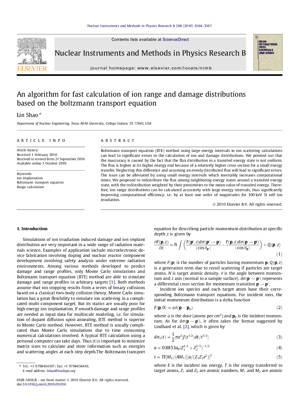 An algorithm for fast calculation of ion range and damage distributions based on the boltzmann transport equation