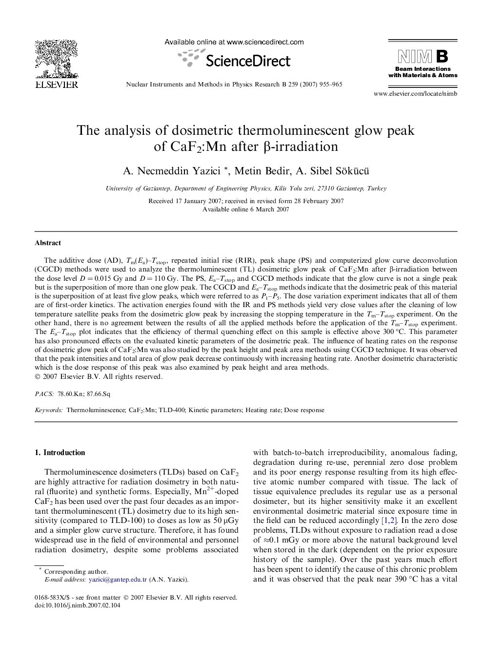 عکس صفحه اول مقاله: The analysis of dosimetric thermoluminescent glow peak of CaF2:Mn after β-irradiation The analysis of dosimetric thermoluminescent glow peak of CaF2:Mn after β-irradiation