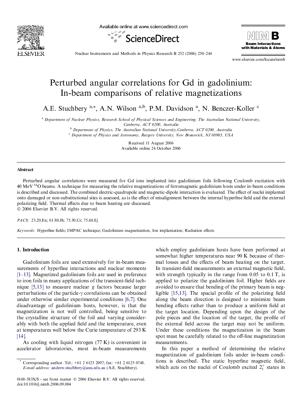 Perturbed angular correlations for Gd in gadolinium: In-beam comparisons of relative magnetizations