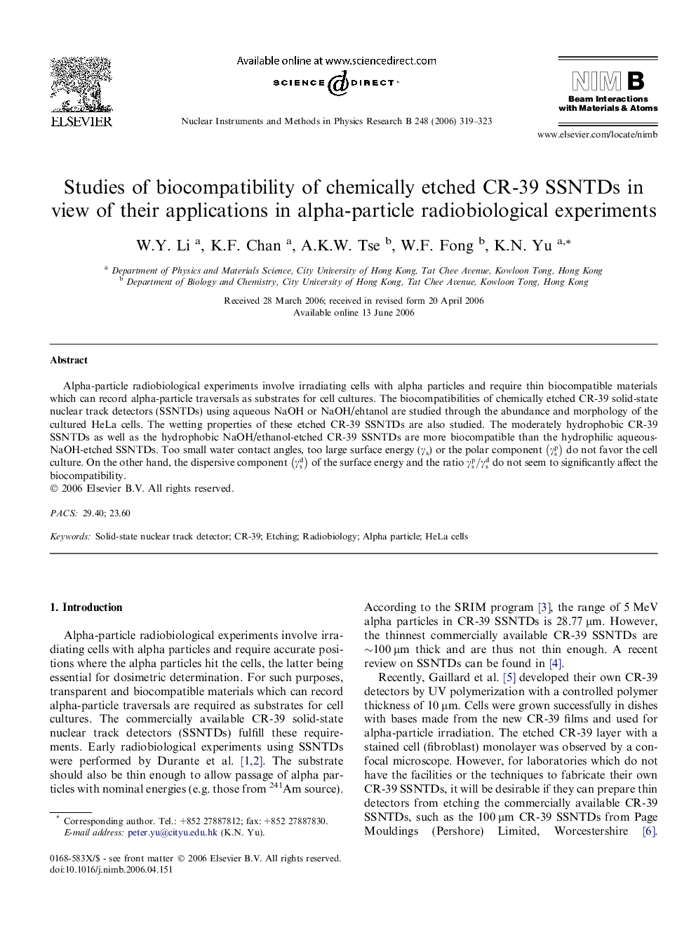 Studies of biocompatibility of chemically etched CR-39 SSNTDs in view of their applications in alpha-particle radiobiological experiments