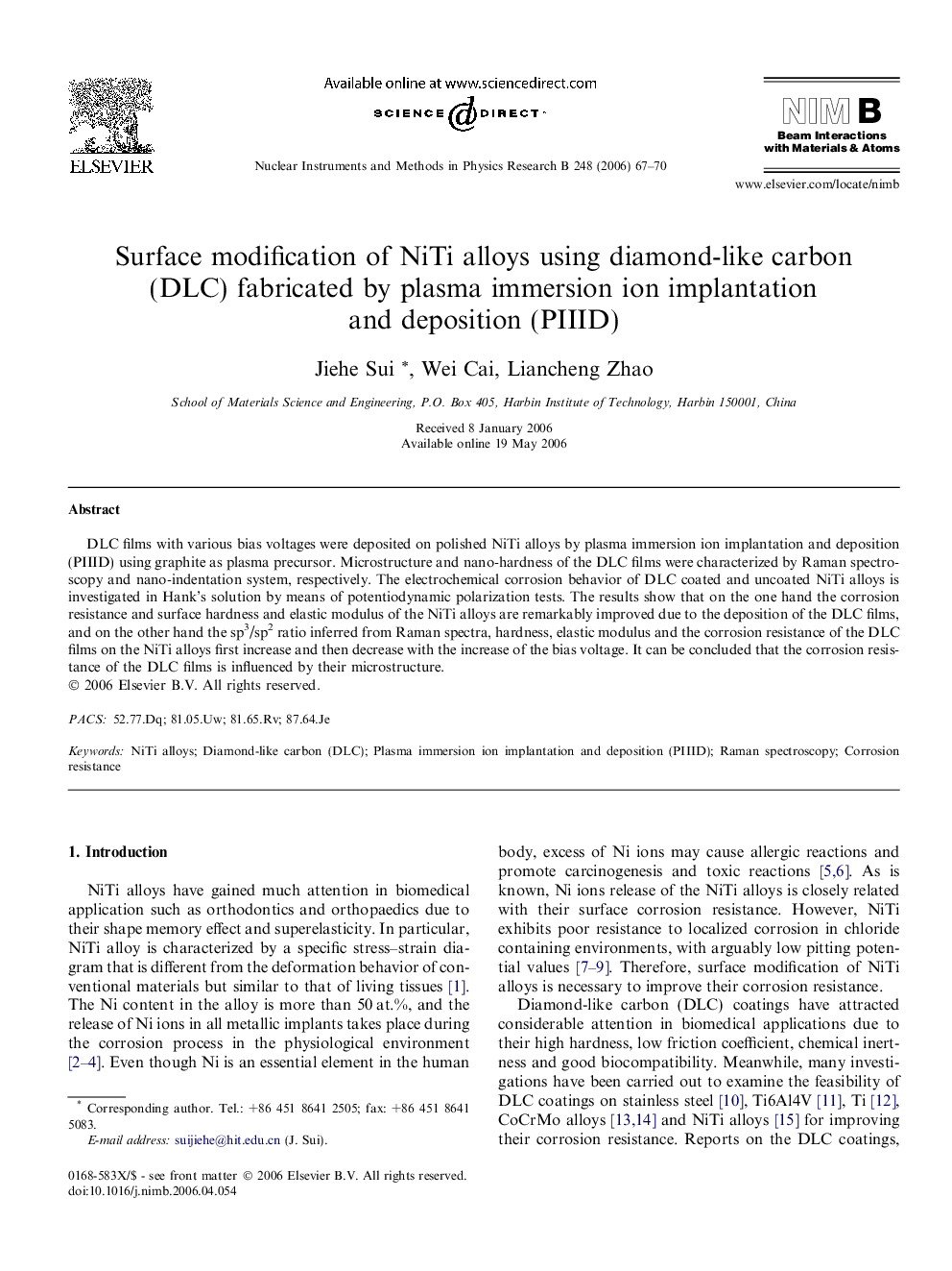 Surface modification of NiTi alloys using diamond-like carbon (DLC) fabricated by plasma immersion ion implantation and deposition (PIIID)