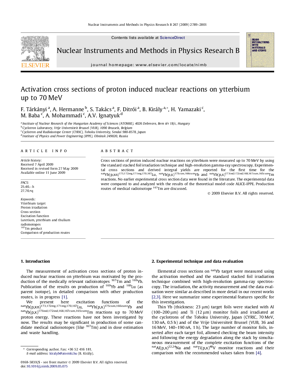 Activation cross sections of proton induced nuclear reactions on ytterbium up to 70 MeV