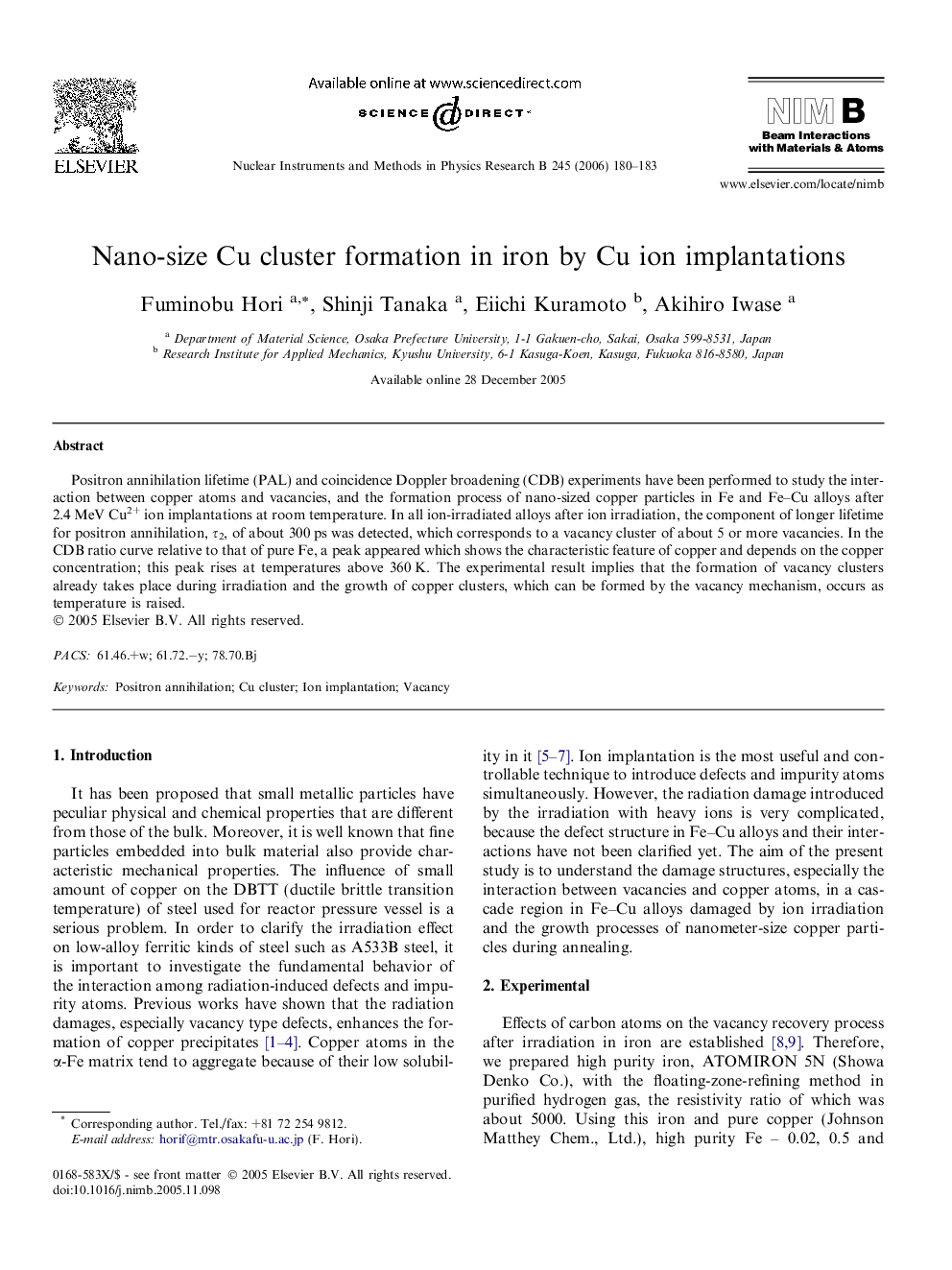 Nano-size Cu cluster formation in iron by Cu ion implantations