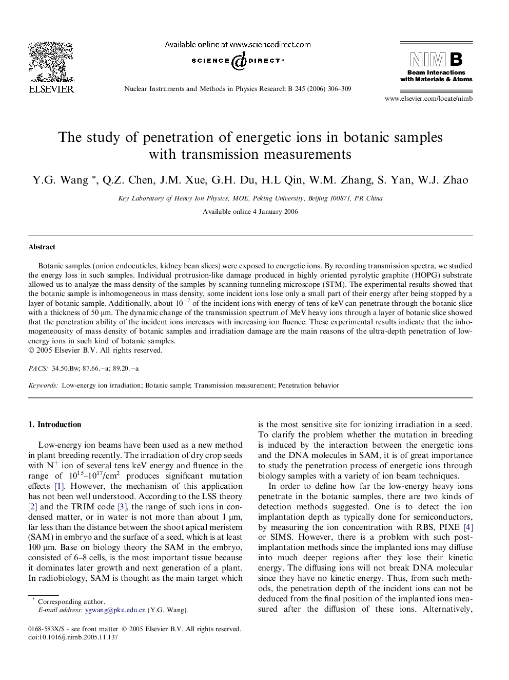 The study of penetration of energetic ions in botanic samples with transmission measurements