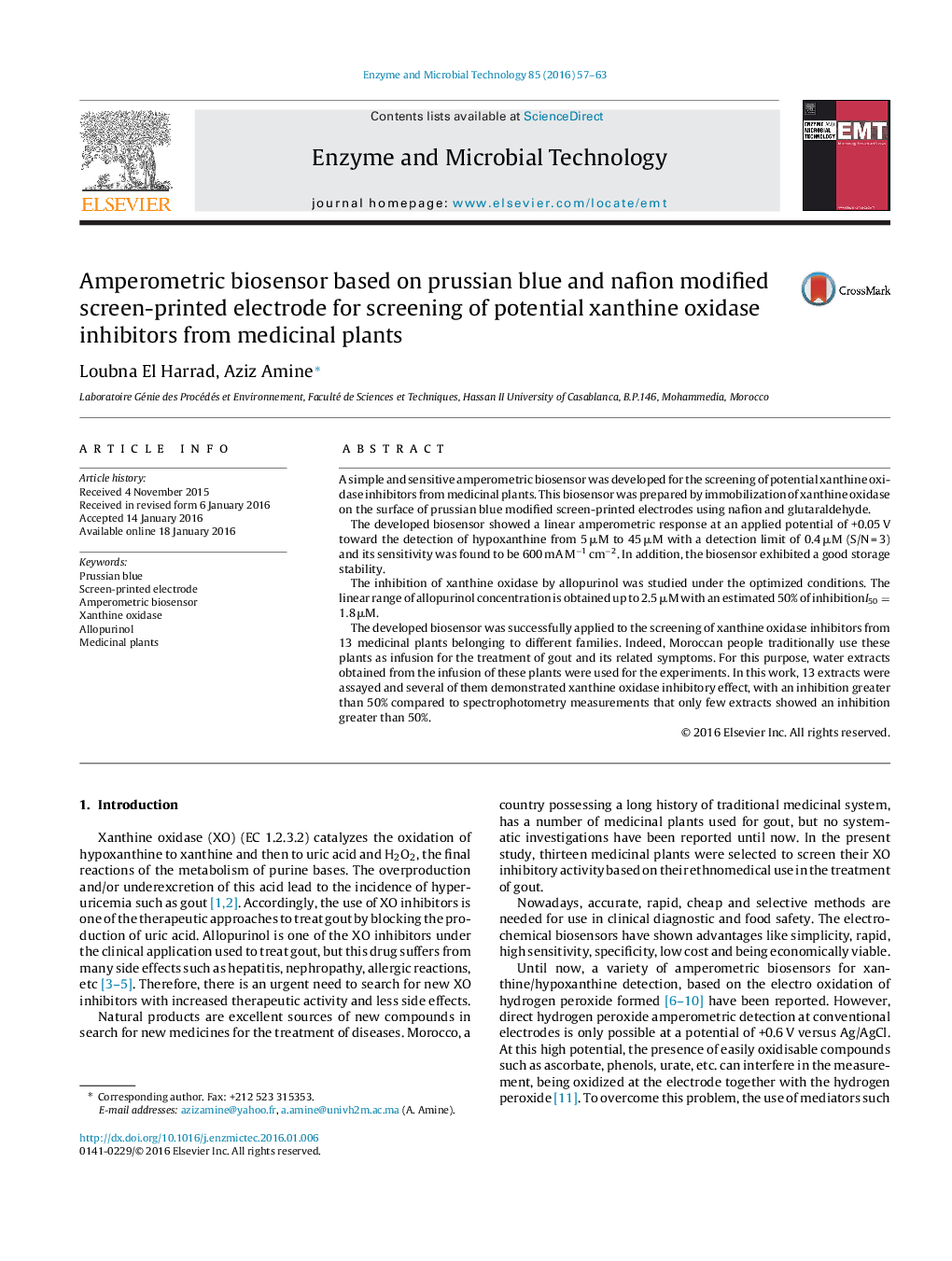 Amperometric biosensor based on prussian blue and nafion modified screen-printed electrode for screening of potential xanthine oxidase inhibitors from medicinal plants