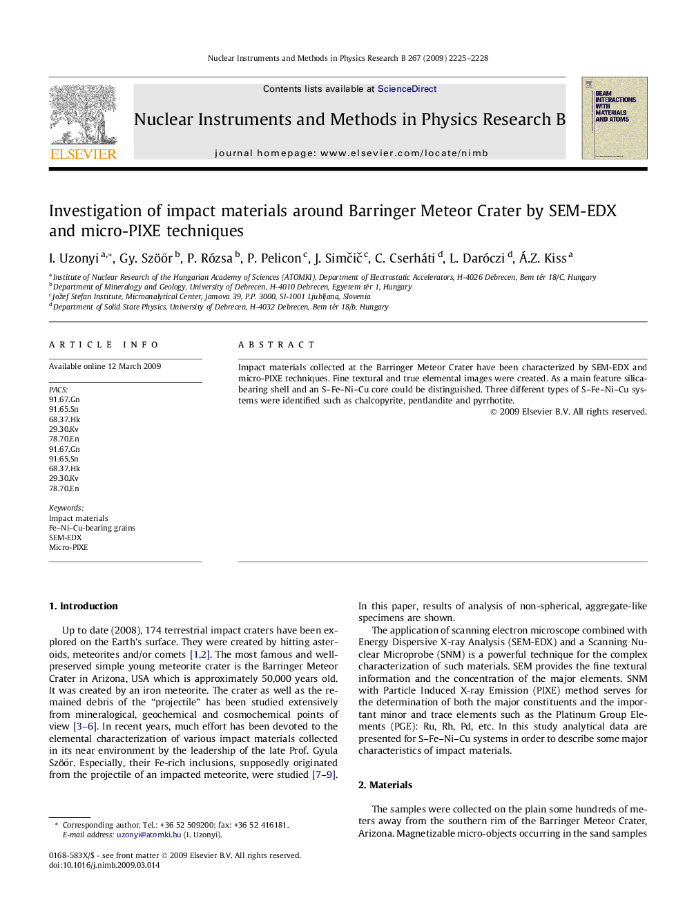Investigation of impact materials around Barringer Meteor Crater by SEM-EDX and micro-PIXE techniques