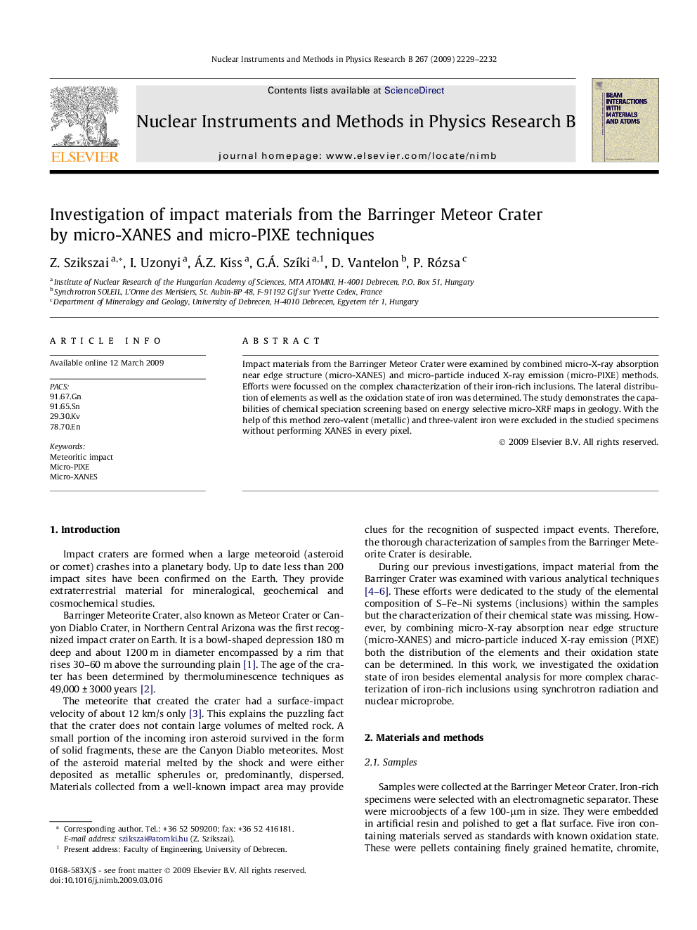Investigation of impact materials from the Barringer Meteor Crater by micro-XANES and micro-PIXE techniques