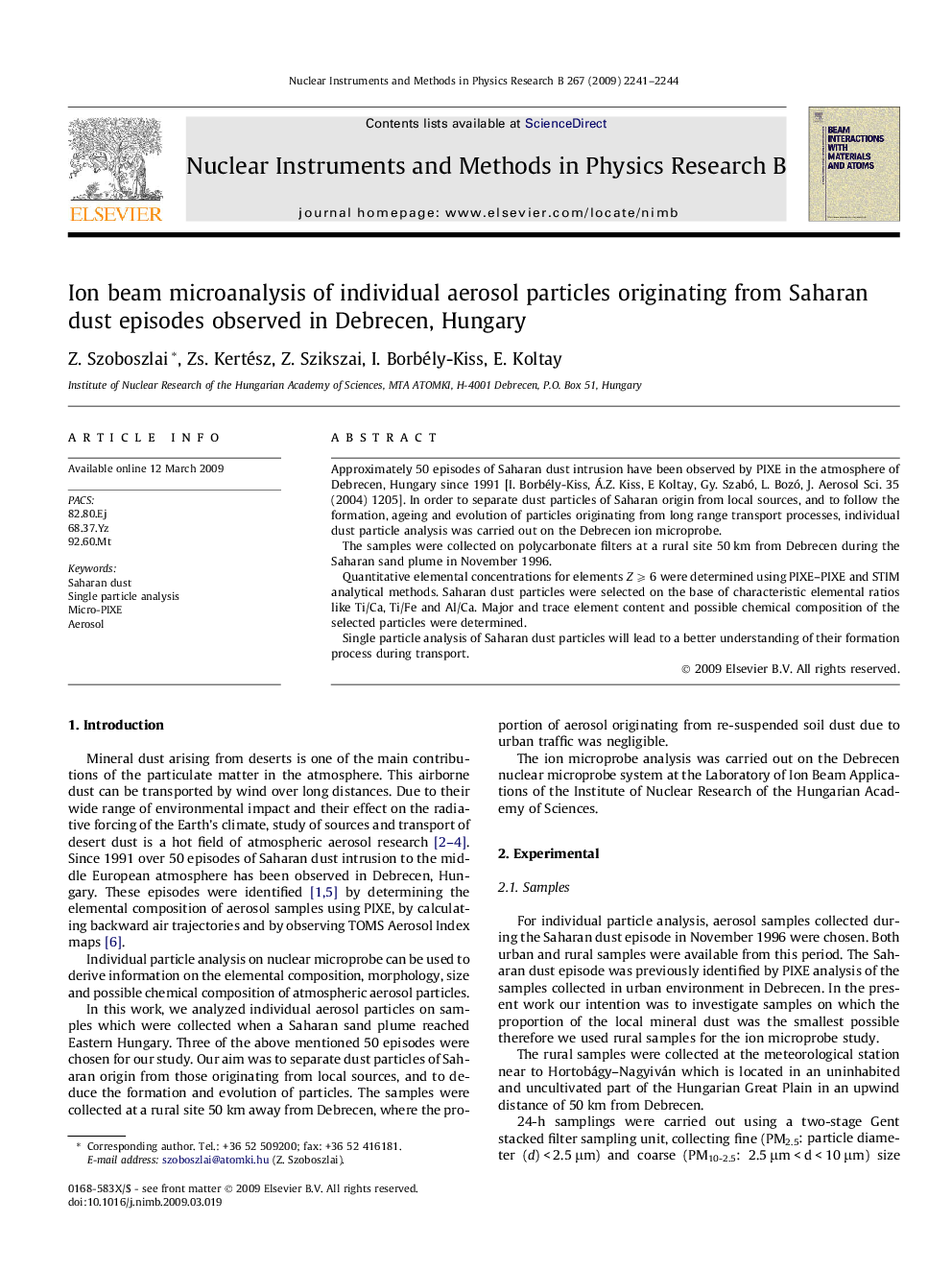 Ion beam microanalysis of individual aerosol particles originating from Saharan dust episodes observed in Debrecen, Hungary