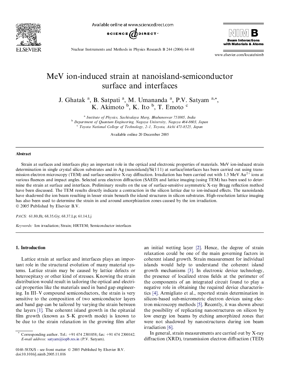 MeV ion-induced strain at nanoisland-semiconductor surface and interfaces