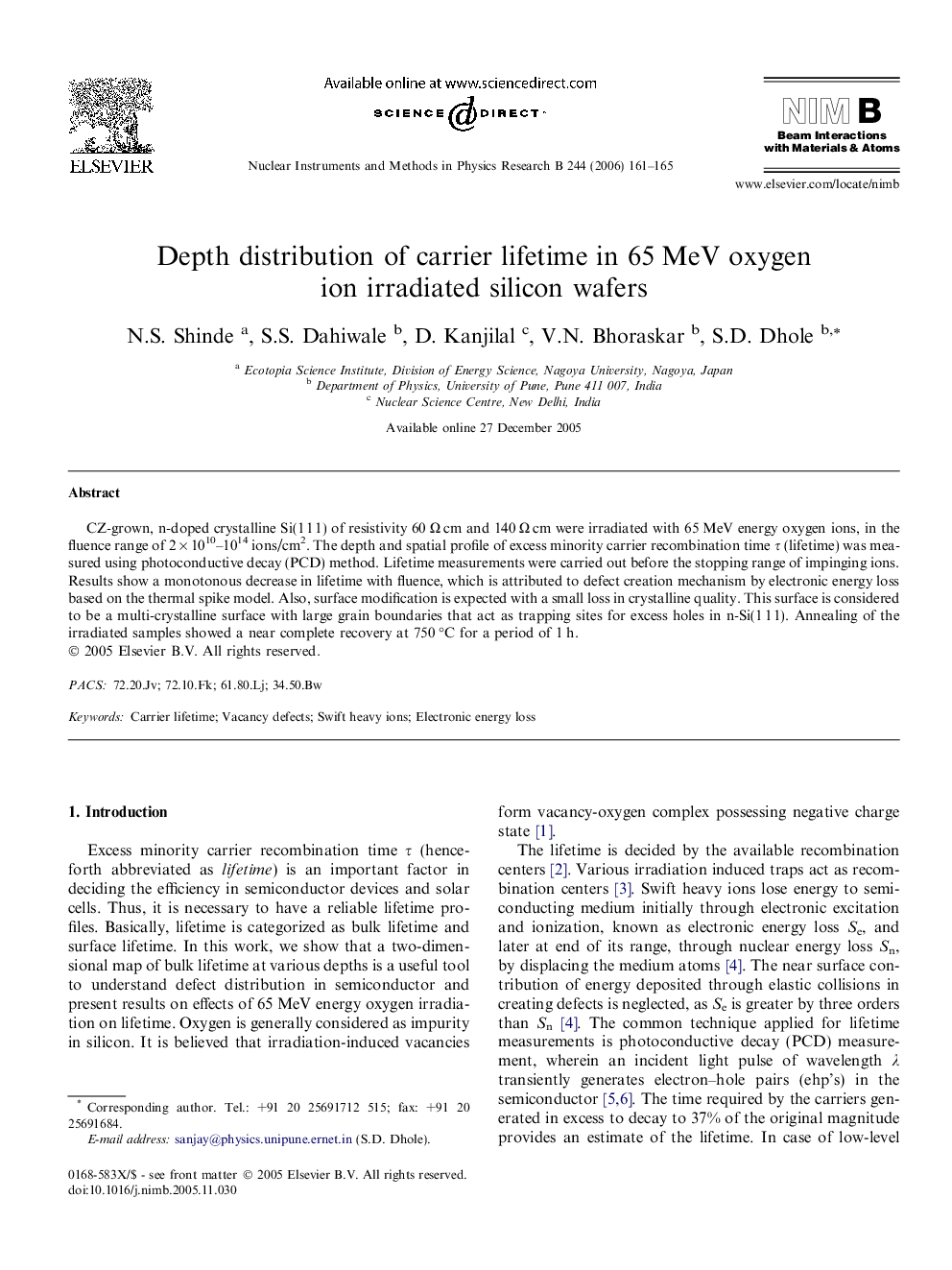 Depth distribution of carrier lifetime in 65 MeV oxygen ion irradiated silicon wafers