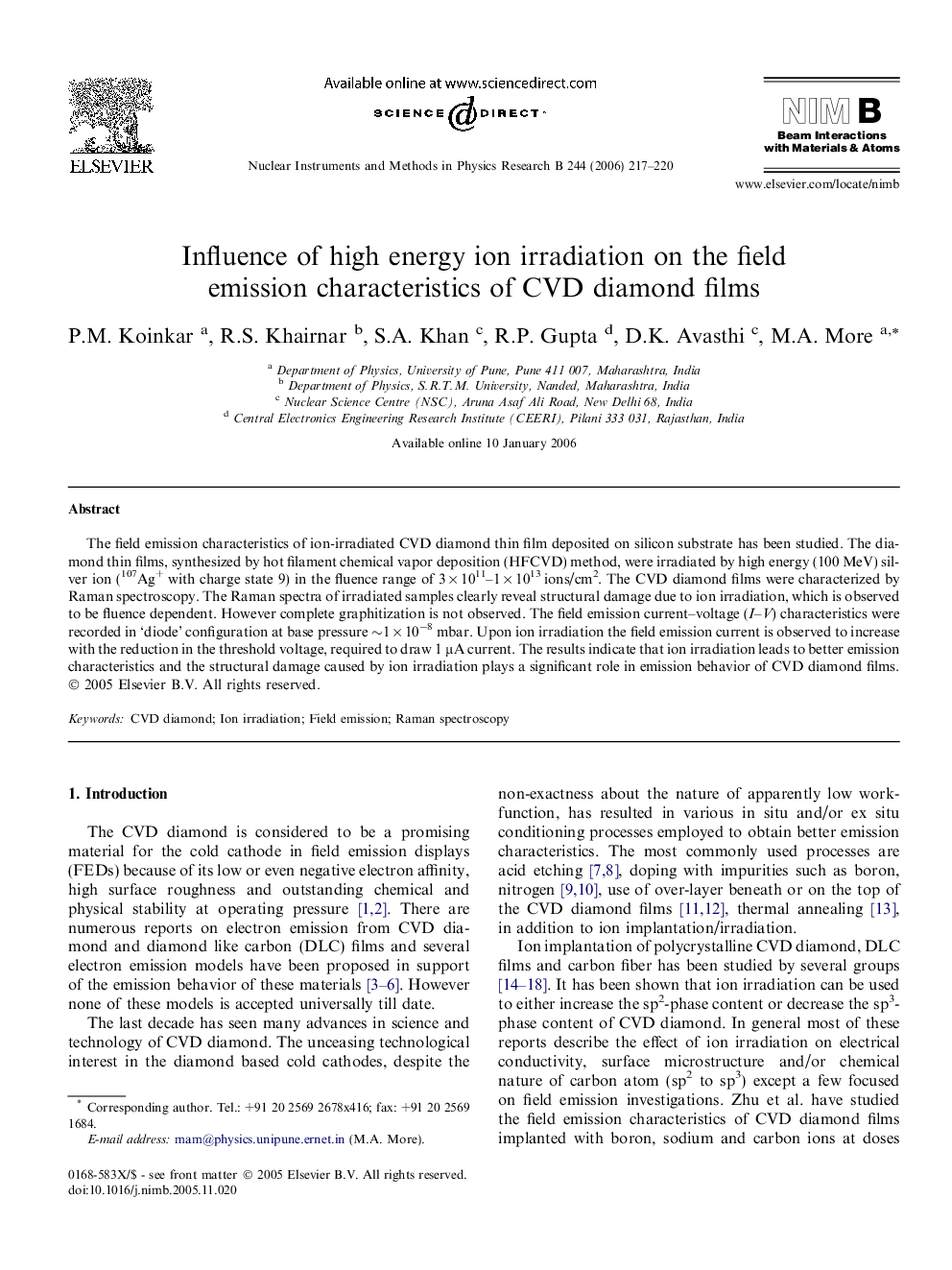 Influence of high energy ion irradiation on the field emission characteristics of CVD diamond films