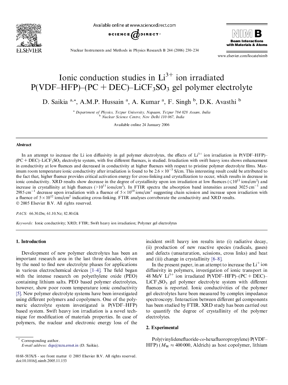 Ionic conduction studies in Li3+ ion irradiated P(VDF-HFP)-(PCÂ +Â DEC)-LiCF3SO3 gel polymer electrolyte