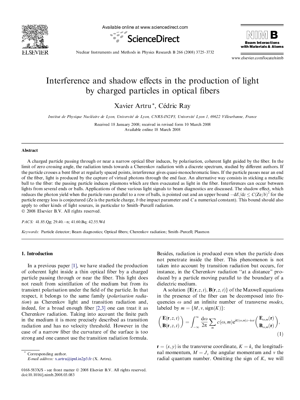 Interference and shadow effects in the production of light by charged particles in optical fibers