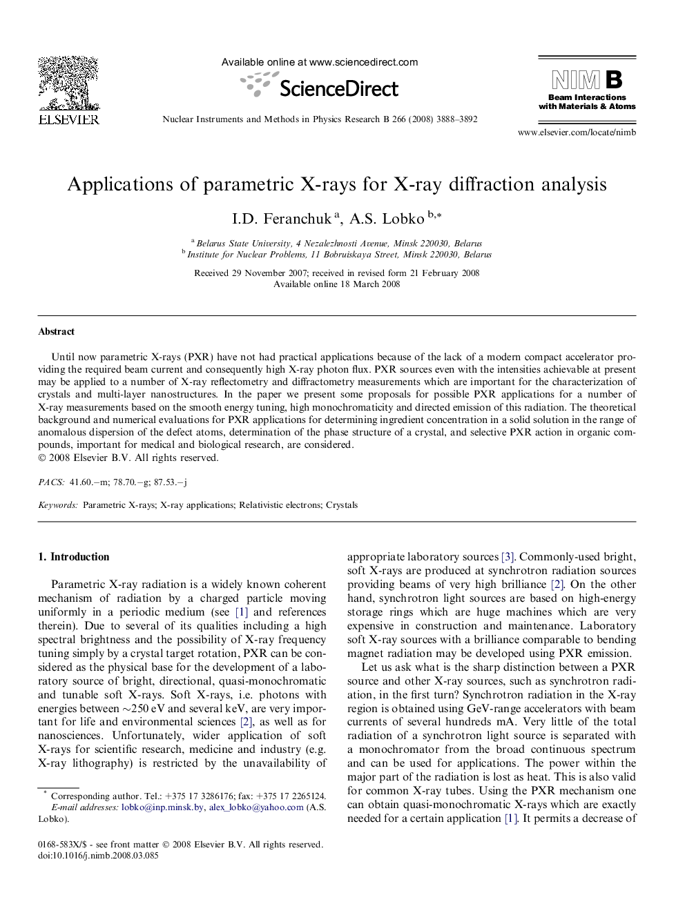 Applications of parametric X-rays for X-ray diffraction analysis