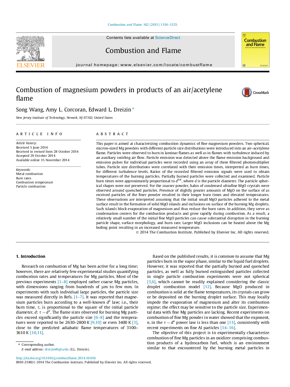 Combustion of magnesium powders in products of an air/acetylene flame