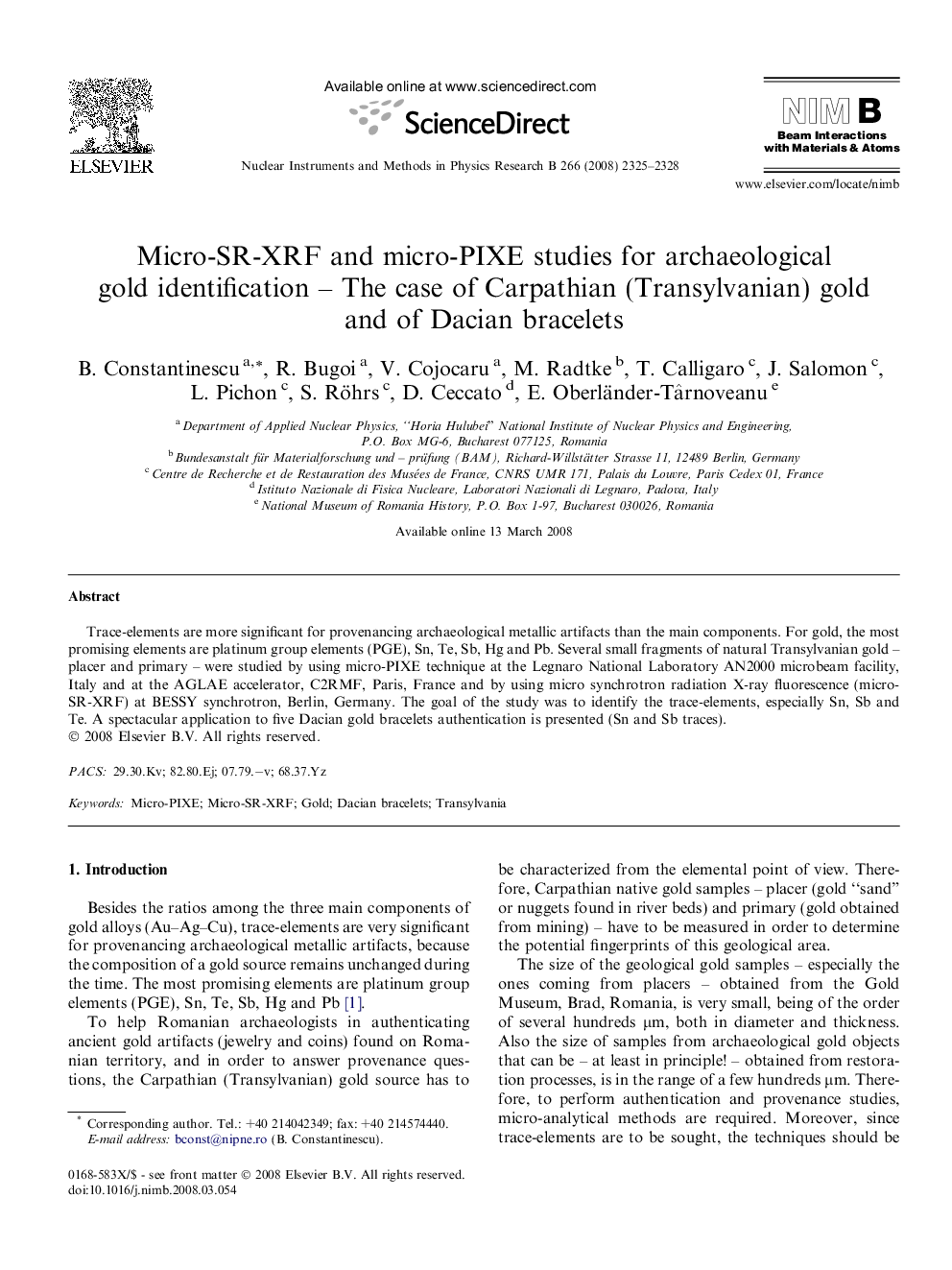 Micro-SR-XRF and micro-PIXE studies for archaeological gold identification – The case of Carpathian (Transylvanian) gold and of Dacian bracelets