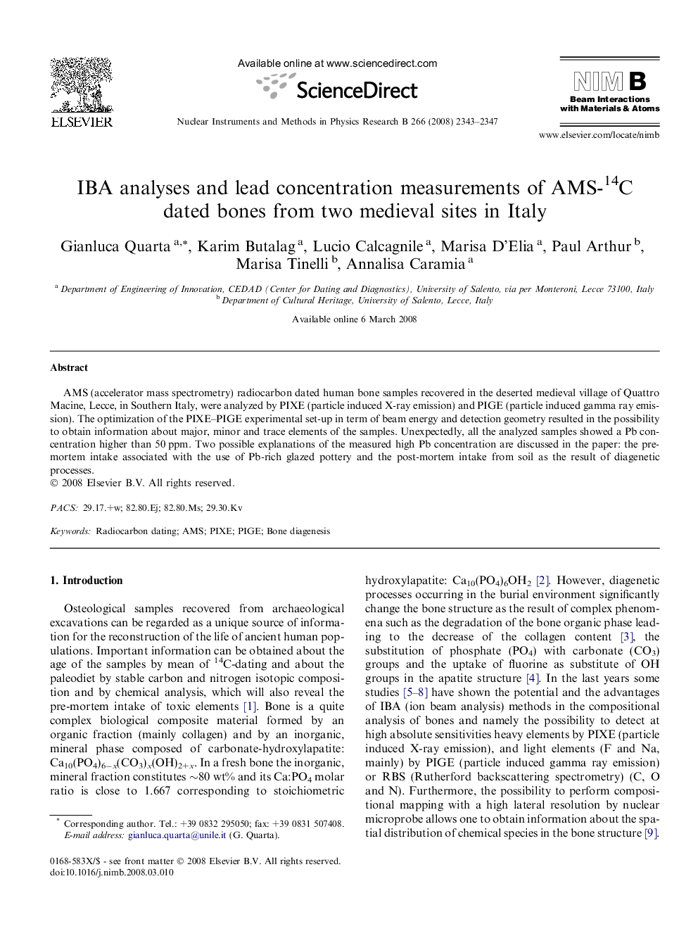 IBA analyses and lead concentration measurements of AMS-14C dated bones from two medieval sites in Italy