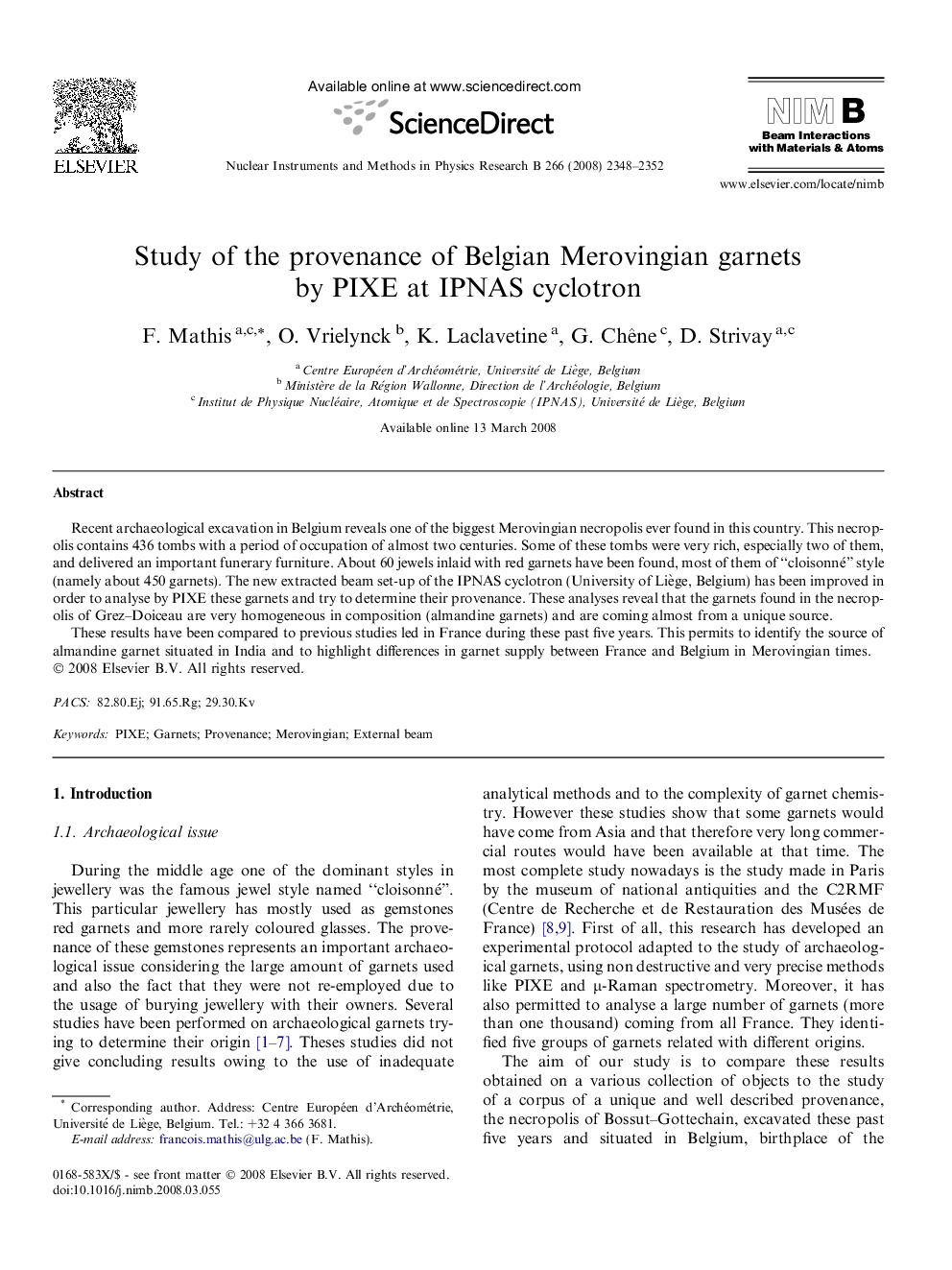 Study of the provenance of Belgian Merovingian garnets by PIXE at IPNAS cyclotron