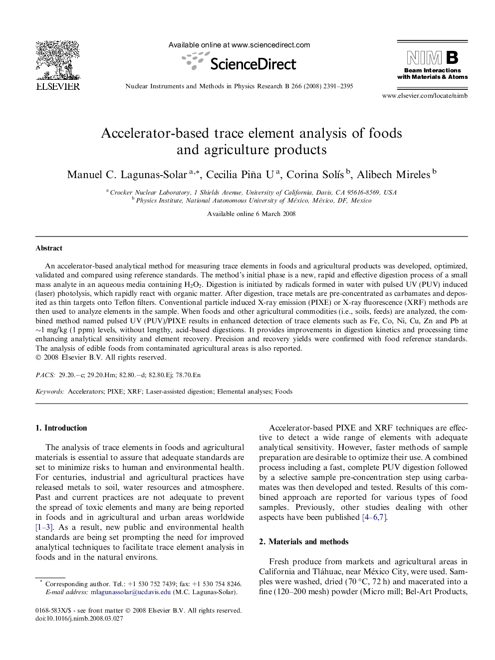 Accelerator-based trace element analysis of foods and agriculture products