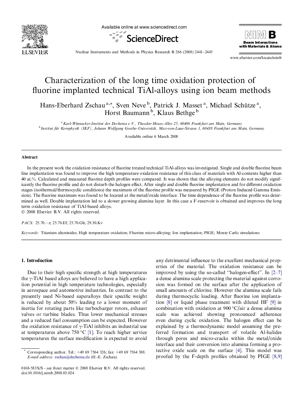 Characterization of the long time oxidation protection of fluorine implanted technical TiAl-alloys using ion beam methods