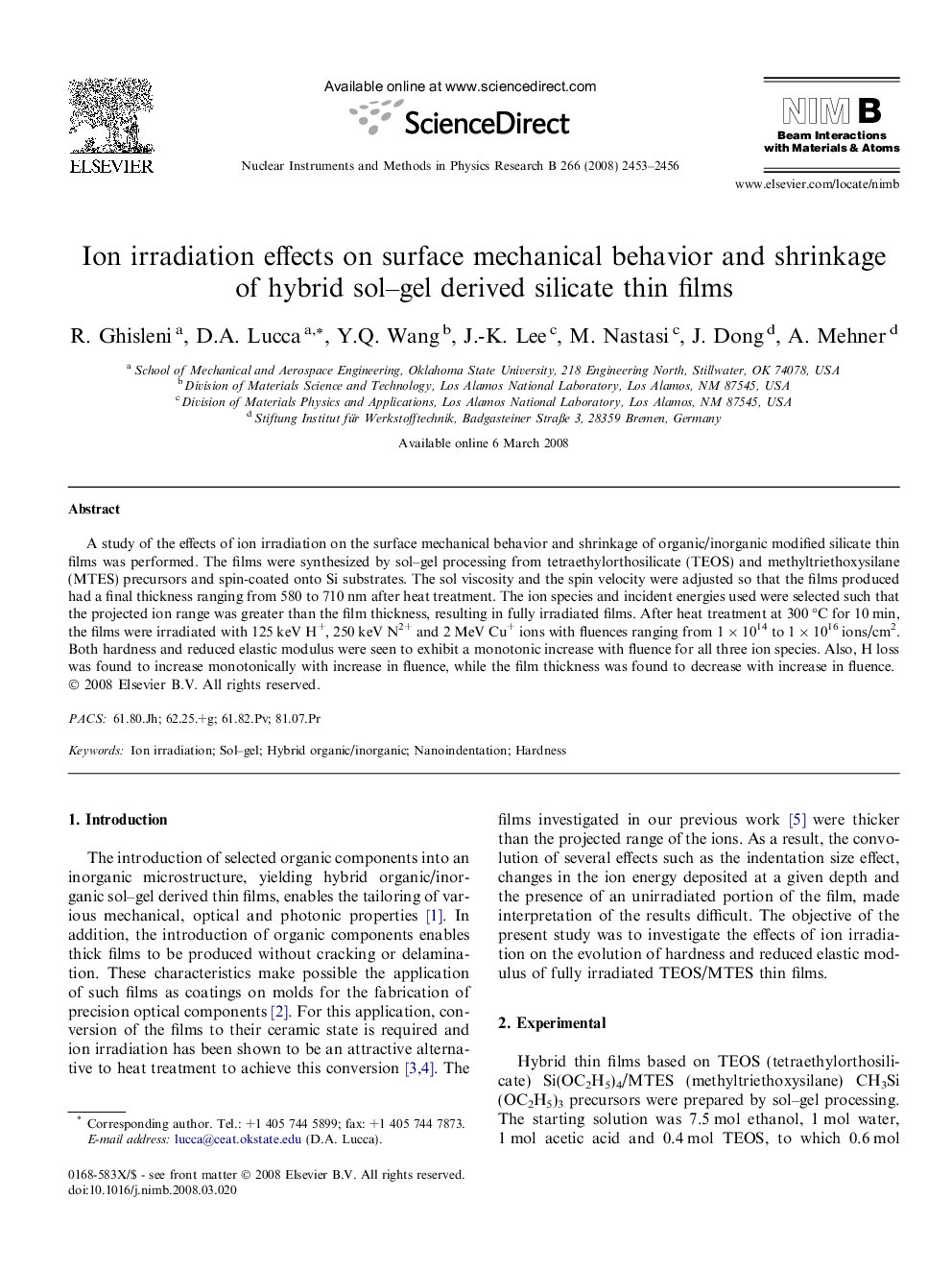 Ion irradiation effects on surface mechanical behavior and shrinkage of hybrid sol-gel derived silicate thin films