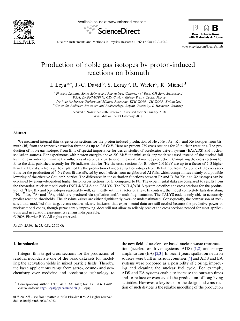 Production of noble gas isotopes by proton-induced reactions on bismuth