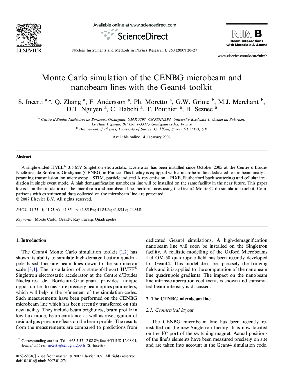 Monte Carlo simulation of the CENBG microbeam and nanobeam lines with the Geant4 toolkit