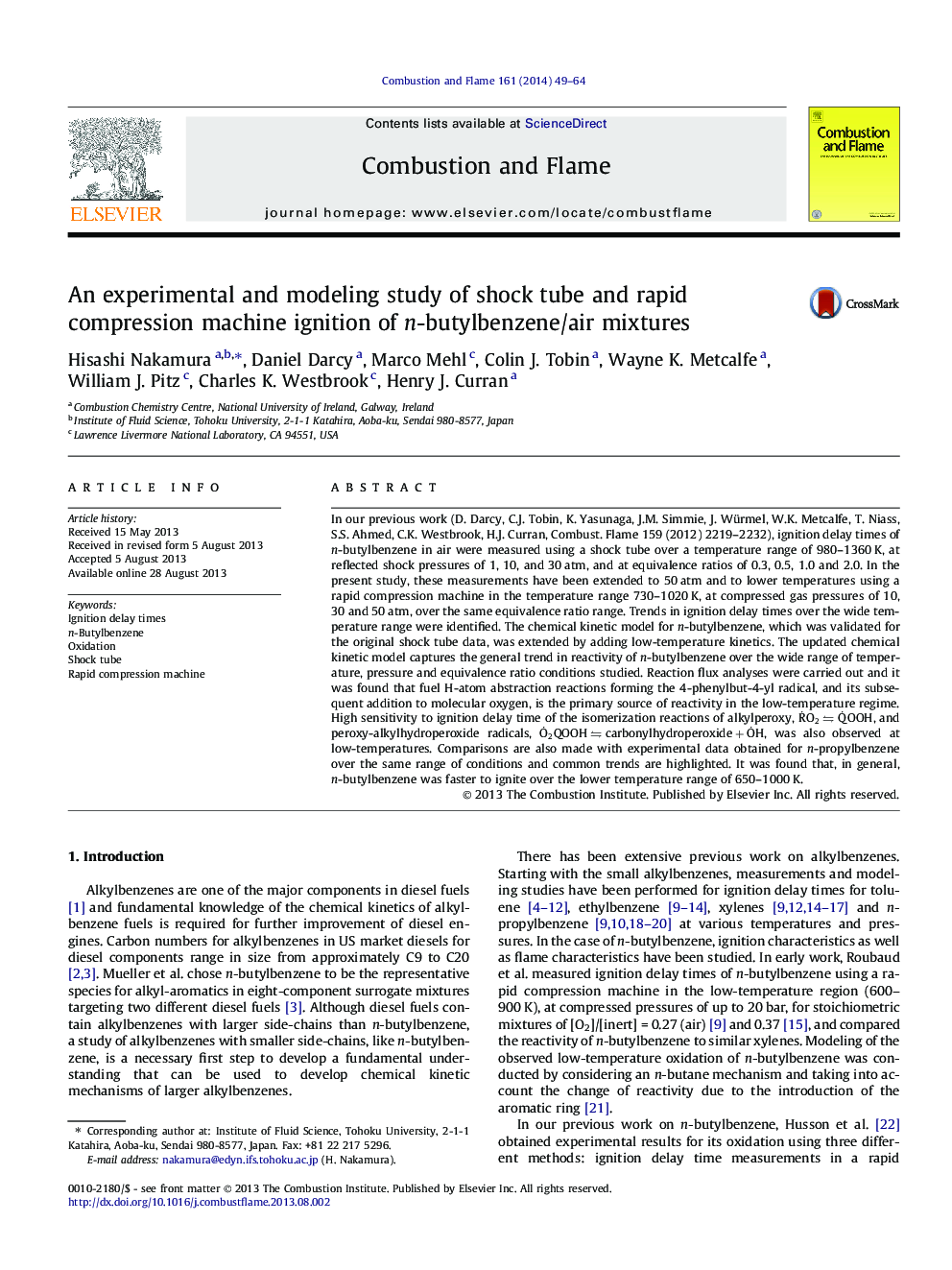 An experimental and modeling study of shock tube and rapid compression machine ignition of n-butylbenzene/air mixtures