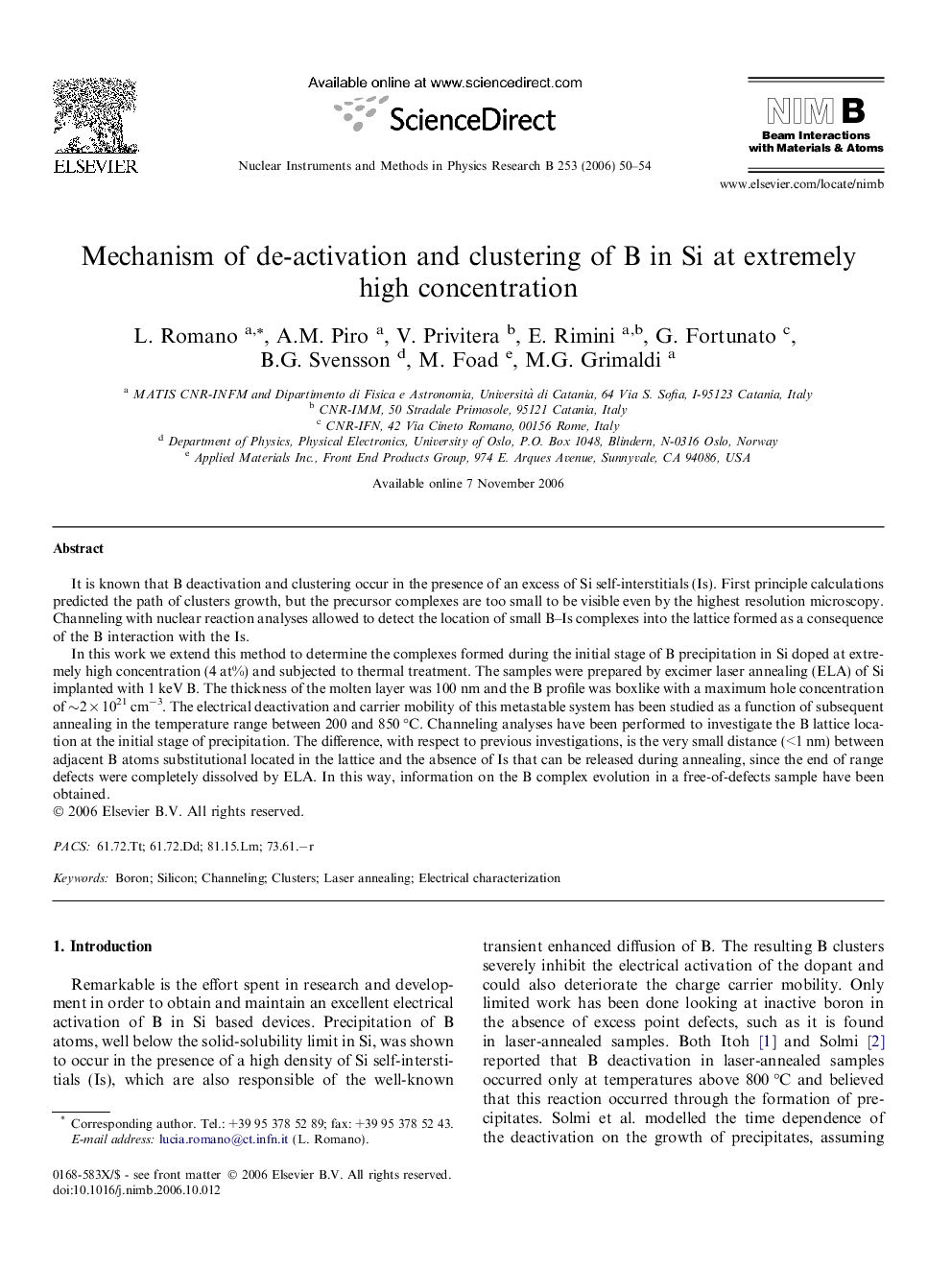 Mechanism of de-activation and clustering of B in Si at extremely high concentration