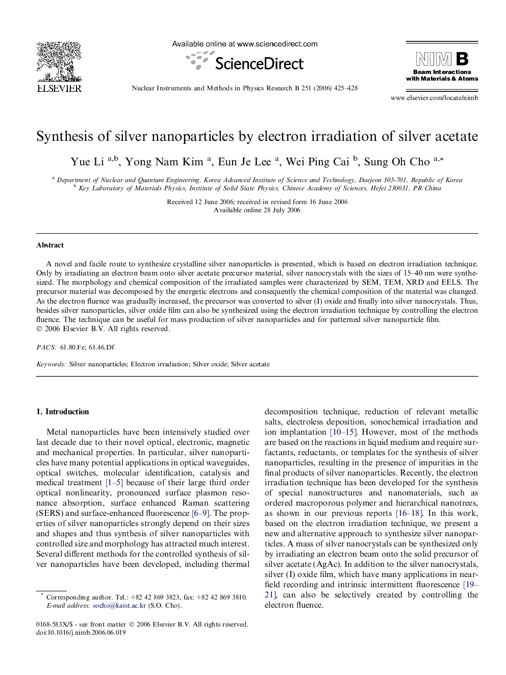 Synthesis of silver nanoparticles by electron irradiation of silver acetate