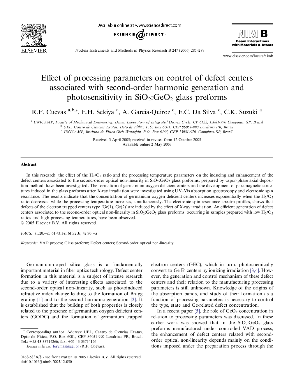 Effect of processing parameters on control of defect centers associated with second-order harmonic generation and photosensitivity in SiO2:GeO2 glass preforms